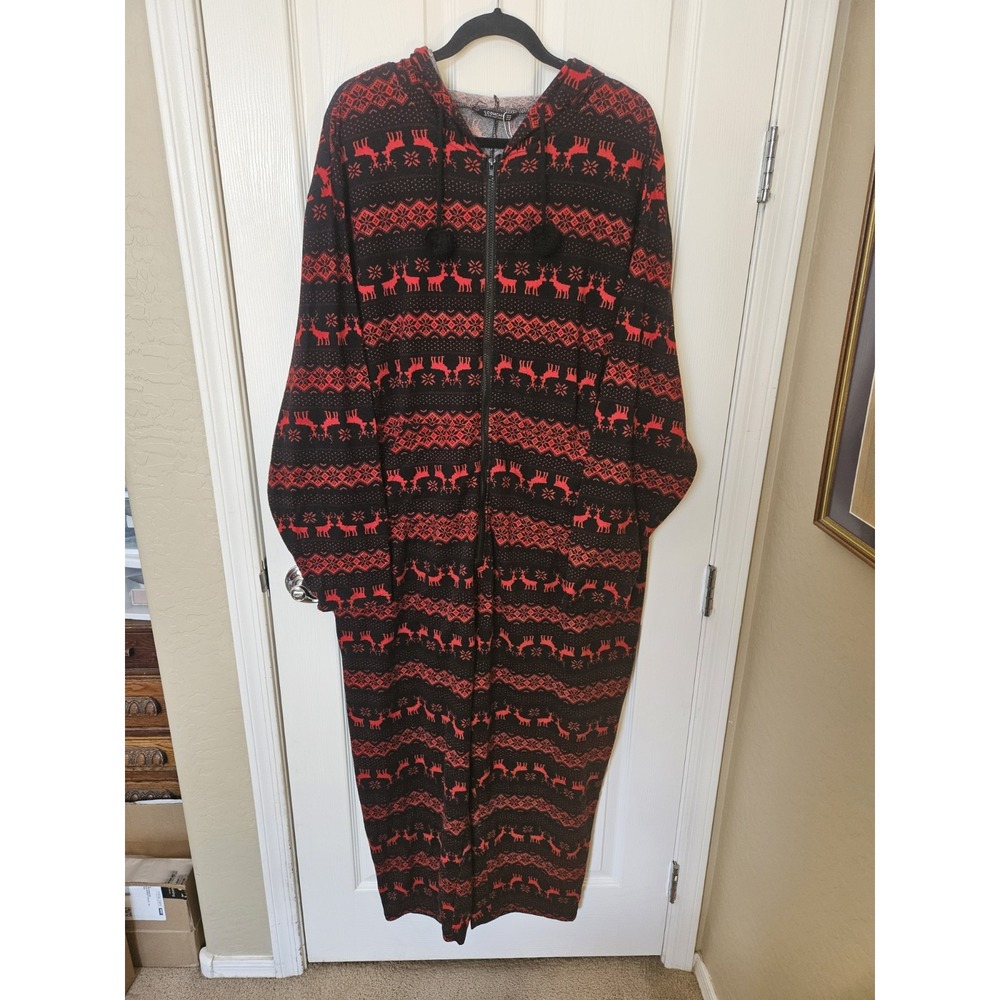 Bloomchic Women's Black/Red Full Zipper Pajama Hooded Lounge 1-Pc. Jumpsuit, +30